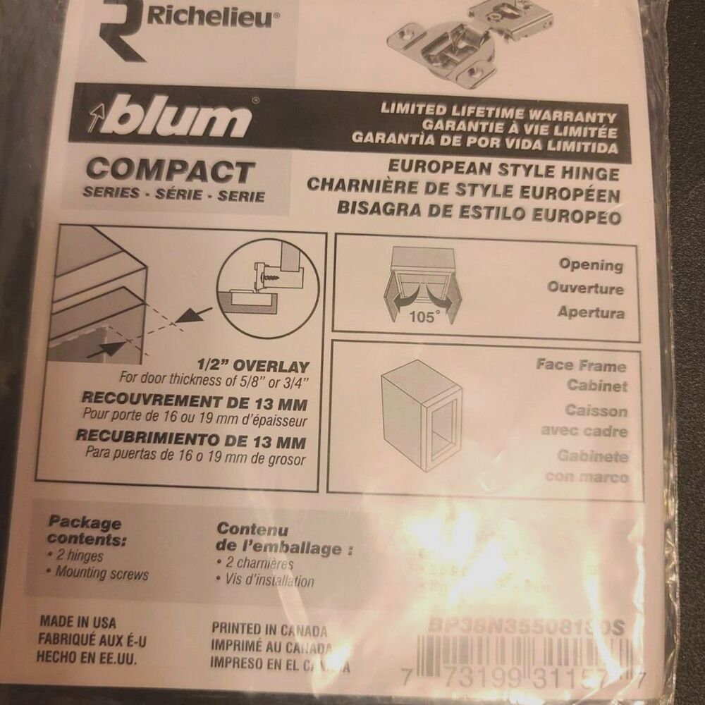 Blum Compact Series 1/2"  Overlay European Style Cabinet‎ Hinges 2 Pk BP38N 10CT